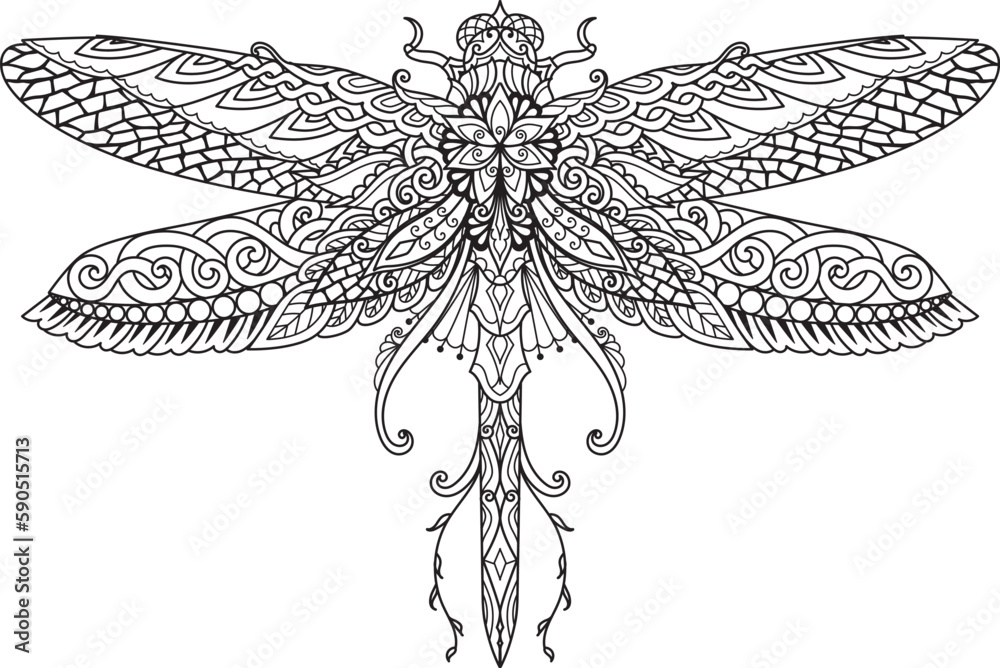 Mandala dragonfly for coloring, engraving, printing and so on. Vector illustration. - obrazy, fototapety, plakaty 
