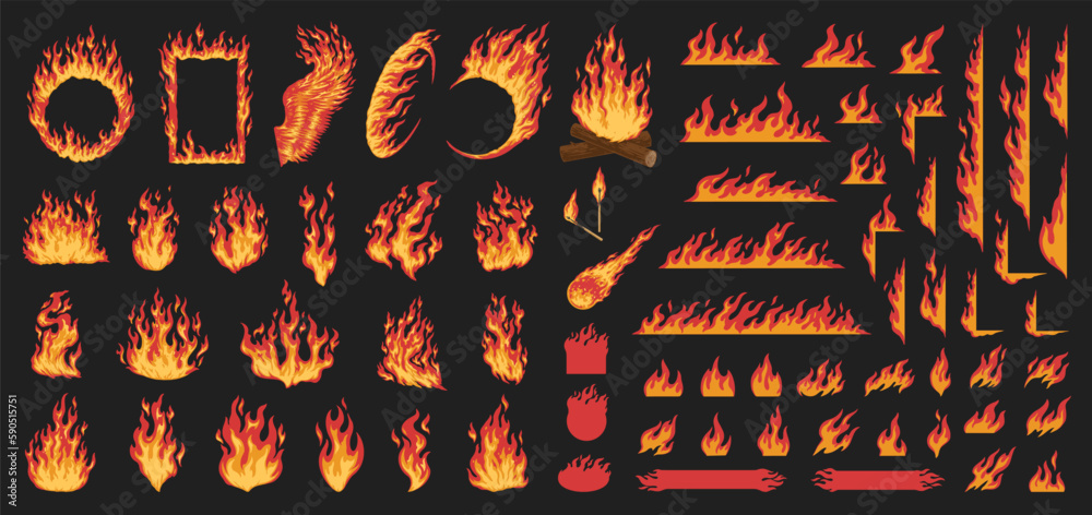 Flaming fire colorful set emblems