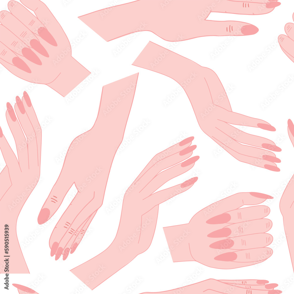 Woman hands with nude manicure seamless pattern. Flat style different woman hands with classic manicure on white background