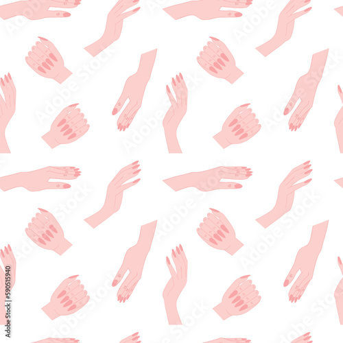 Woman hands with nude manicure seamless pattern. Flat style different woman hands with classic manicure on white background