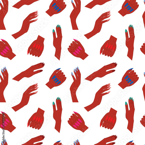 Woman dark skin hands seamless pattern. Different woman dark skin hands vector pattern