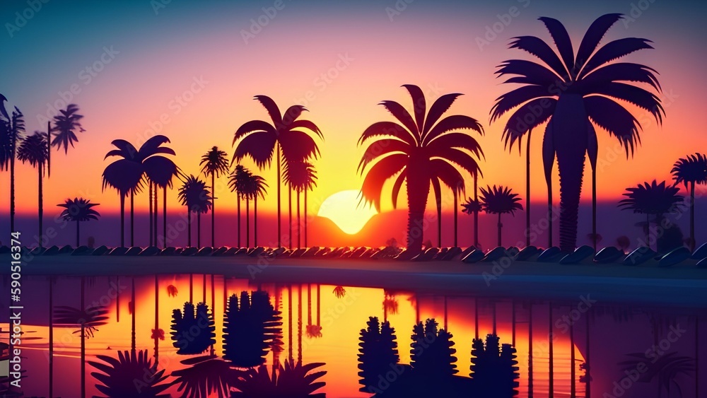 Palm trees at sunset - generative ai