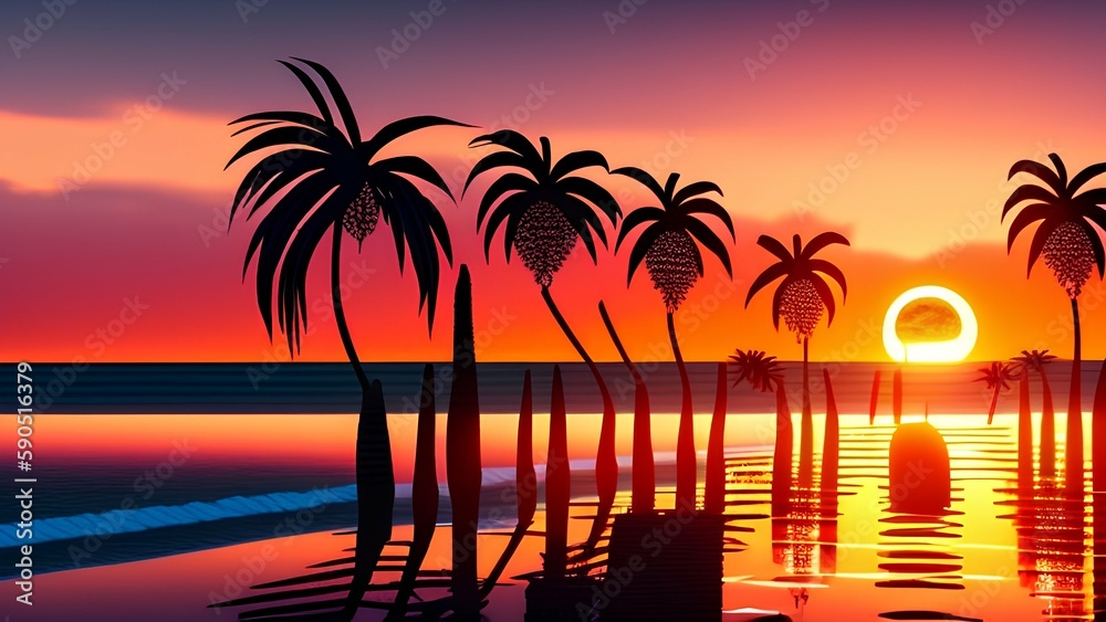 Palm trees at sunset - generative ai