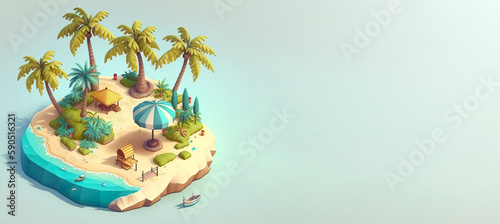 3D banner design of cute beach island with palm trees over blue background. Generative AI.