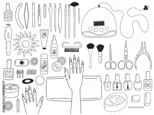Vector hand drawn manicure set on table top view. Different kinds of manicure tools and himan hands on table isolated.