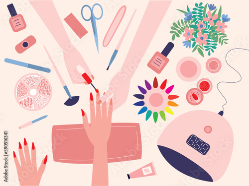 Vector manicure process flat style top view illustration. Manicure in nail salon with tools on table. 