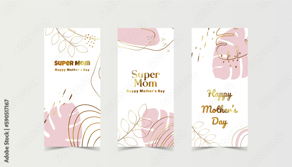 Mothers day, set of greeting card template with abstract golden art background and botanical palm leaves Vector illustration. Mothers day, set of greeting card template with abstract golden art background and botanical palm leaves Vector illustration.