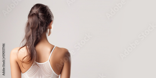 A beautiful young woman stands with her back against an isolated gray background, close-up, with free space for any inscription or text. Generative AI