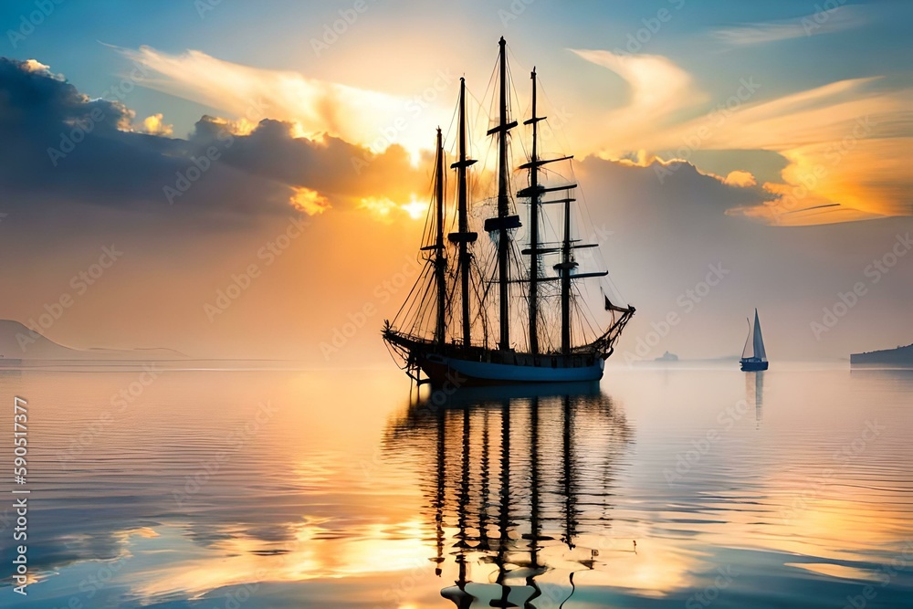 Fototapeta premium Sailing ship at anchor at sunset