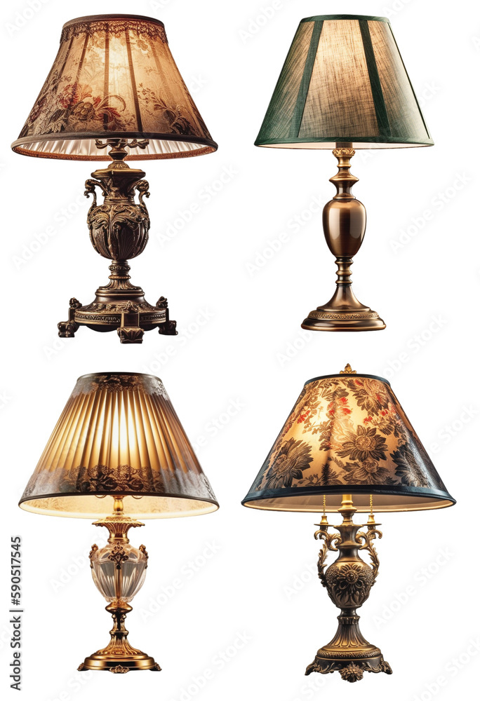 A set of antique older table lamps with a lampshade on a transparent background, Generative AI A set of antique older table lamps with a lampshade on a transparent background, Generative AI