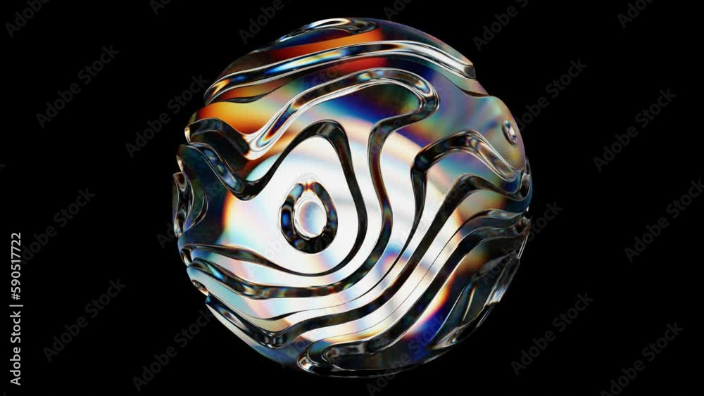 Loop 3d animation of an abstract futuristic sphere with curves and waves on the surface. A glass ball, a crystal fantastic sphere on a black background. Loop 3d animation of an abstract futuristic sphere with curves and waves on the surface. A glass ball, a crystal fantastic sphere on a black background.