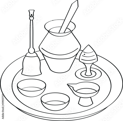 Traditional pooja thali hindu religious items for worship and celebrations. Puja thali for diwali. Vector illustration with black lines.
