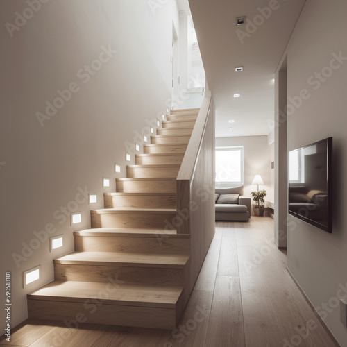 un escalier dans une maison design - IA Generative © DOMINIQUE MARIOTTI