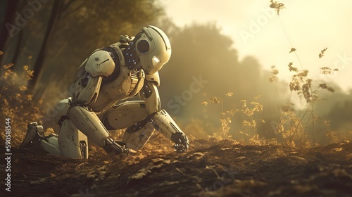 AI robot planting a tree, ecology, technology, humanoid, go green, Generative AI