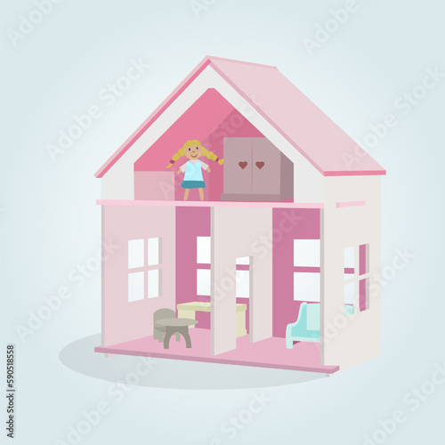 Pink doll house with two storeys, little furniture and doll. Vector illustration.