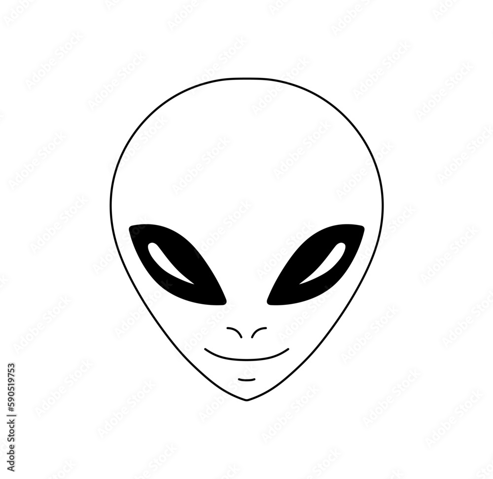 Vector isolated one single symmetrical smiling alien head face portrait front view colorless black and white contour line easy drawing Vector isolated one single symmetrical smiling alien head face portrait front view colorless black and white contour line easy drawing