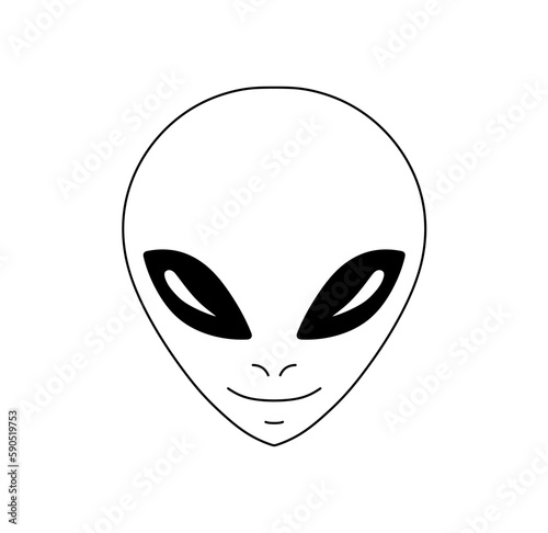 Vector isolated one single symmetrical smiling alien head face portrait front view colorless black and white contour line easy drawing