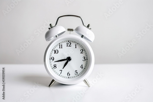 White alarm clock on a white background with copy space. Created with Generative AI Technology
