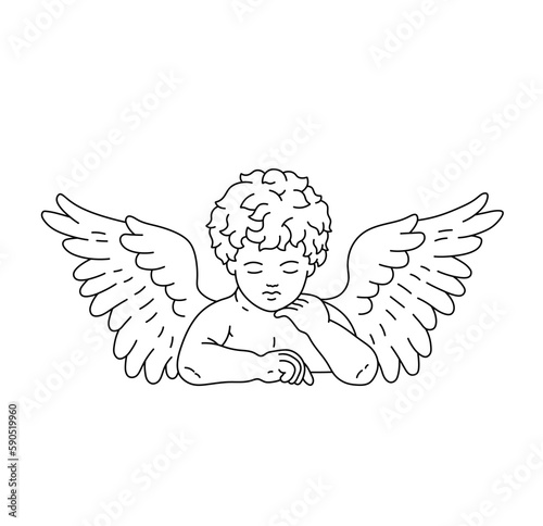 Vector isolated one single sitting sleeping curly boy angel cupid pose closed eyes colorless black and white contour line easy drawing