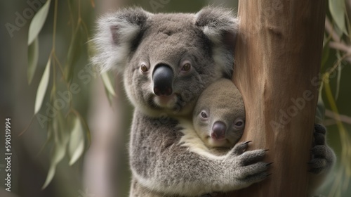 Koala Mother and Baby Cuddling in a Gum Tree