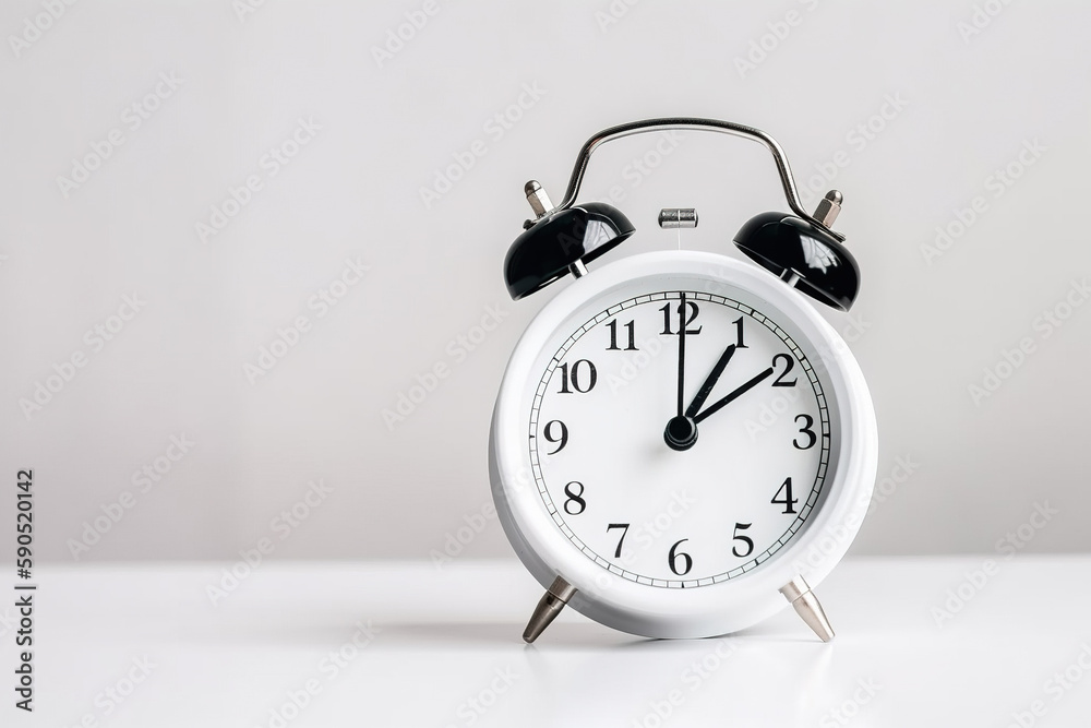 White alarm clock on a white background with copy space. Created with Generative AI Technology White alarm clock on a white background with copy space. Created with Generative AI Technology