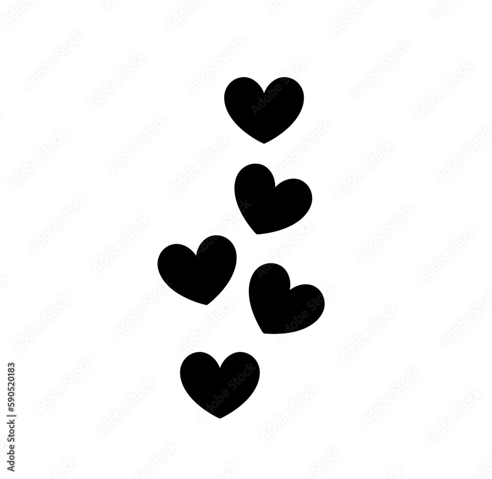 Vector isolated five simplest hearts set  colorless black and white outline silhouette shadow shape