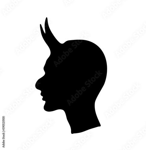 Vector isolated man devil horned with horns head profile side view portrait colorless black and white outline silhouette shadow shape