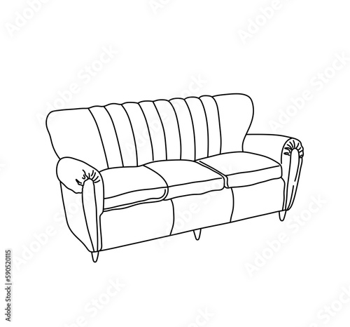 Vector isolated one single sofa couch leather cloths textile upholstery colorless black and white contour line easy drawing
