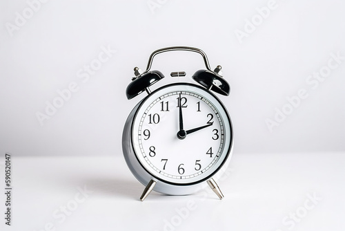 White alarm clock on a white background with copy space. Created with Generative AI Technology