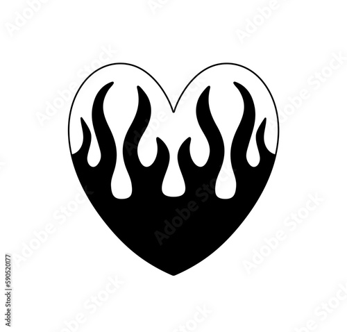 Vector isolated one single heart with fire flames inside colorless black and white contour line easy drawing