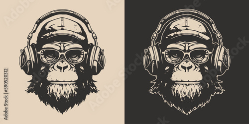 Set of vintage retro funky monkeys. Can be used for logo, emblem, poster, dadge design. Monochrome Graphic Art. Engraving vector illustration.