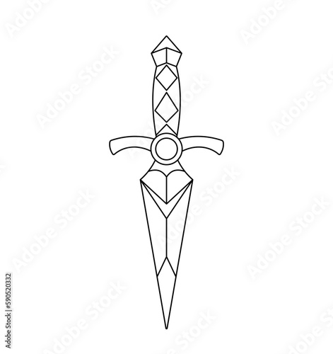 Vector isolated one single symmetrical ornate geometric ornament sharp knife blade with handle colorless black and white contour line easy drawing