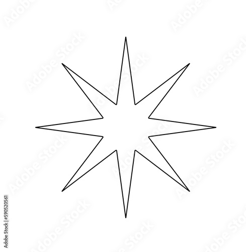 Vector isolated one single simplest geometrical eight 8 pointed star with sharp rays colorless black and white contour line easy drawing