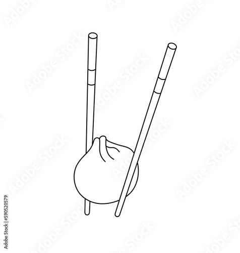 Vector isolated one single dumpling in two chopsticks  colorless black and white contour line easy drawing