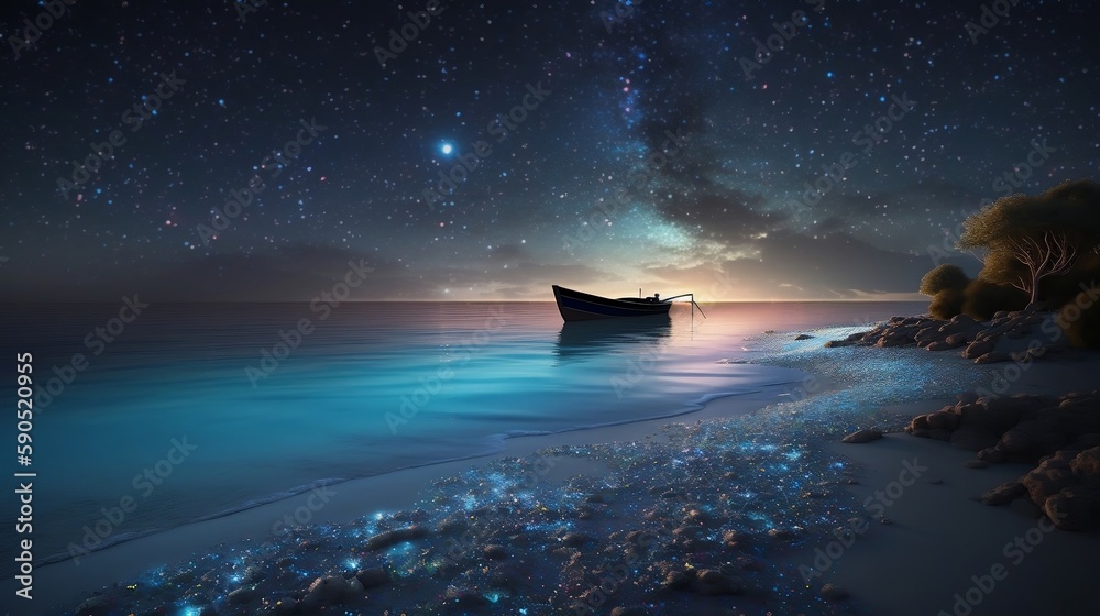 Pale blue beach covered with colorful glowing stones, a boat in the ...