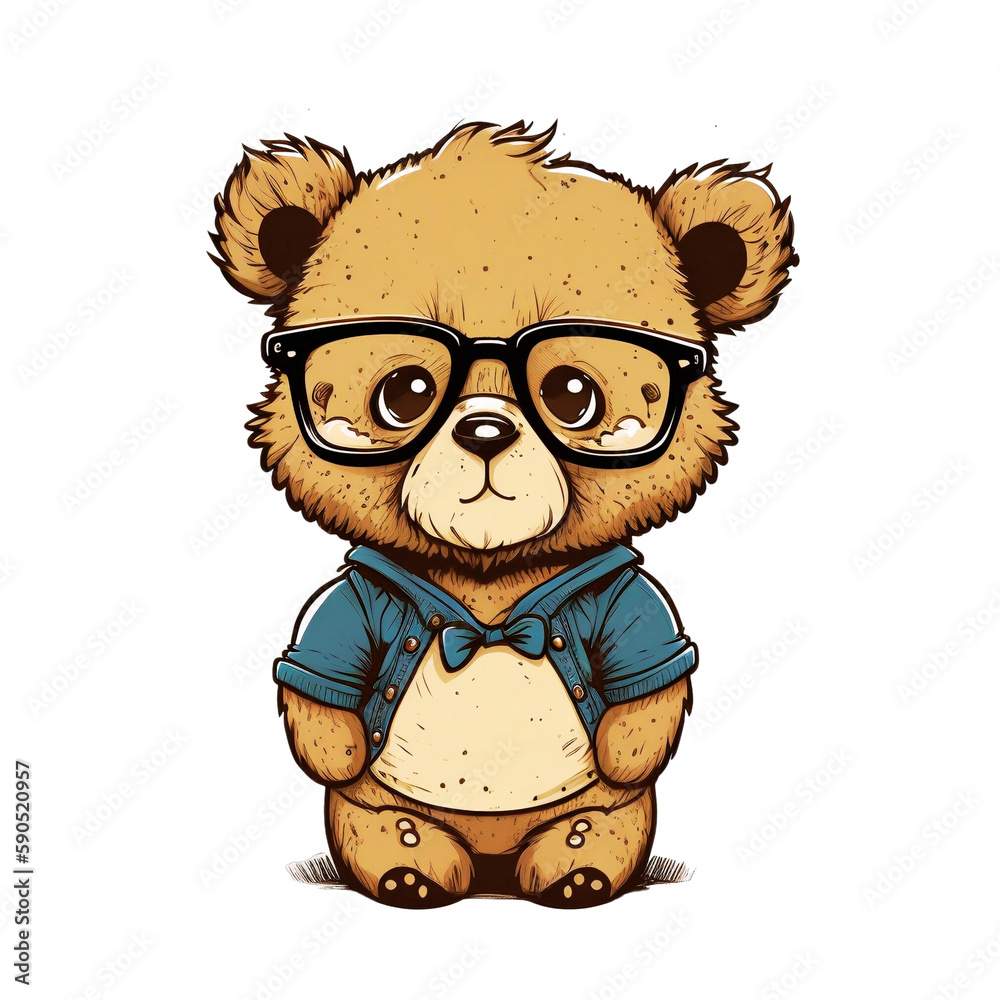 Obraz premium Bear Wearing Glasses, Cute Cartoon Sticker, PNG Illustration Format. AI Generated