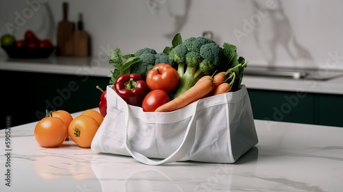 Eco friendly reusable shopping bag with fresh vegetables on marble table in kitchen. AI generated