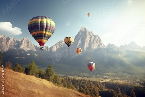 Colorful hot air balloons close-up on the background of a beautiful sky in the clouds. AI generated