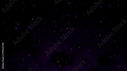 Natural organic dust particles with glow colors floating on black background. Dynamic dust particles randomly float in space. Shimmering glittering particles