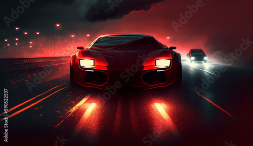 red sports car on the highway, headlights on, high-tech style © Yuriy Maslov