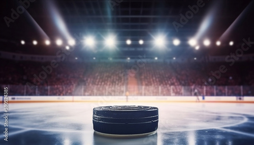 Hockey puck in the center of the stadium with an arena in the background, bright spotlights, the beginning of the match