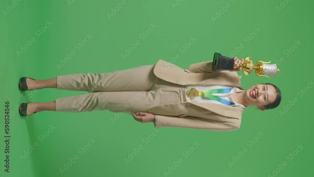 Full Body Of Asian Business Woman In A Suit Wears A Gold Medal And ...
