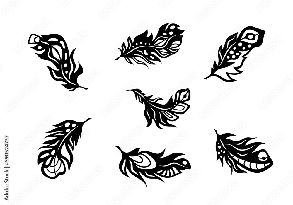 Set of decorative boho feather silhouettes foe wall decal sticker, stencils and laser cutting. Vector feathers bundle isolated on white background Set of decorative boho feather silhouettes foe wall decal sticker, stencils and laser cutting. Vector feathers bundle isolated on white background