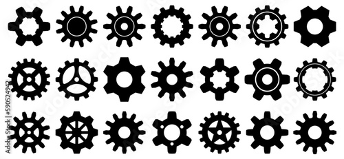 Collection of mechanical cogwheels. 21 small and large gears. Black silhouette sprocket icon design element. White background. Vector illustration.