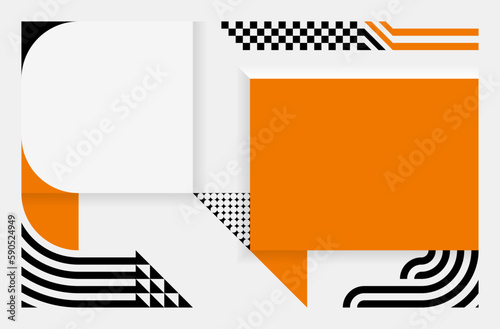 Abstract geometric patterns in white, black and orange. Simple background in Bauhaus style. Template design for posters, banners, websites. Vector illustration.