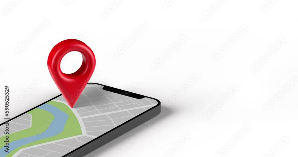 Red location pointer falling on smartphone map screen. Mobile navigation app 3D animation on white background, copy space. Direction finder template design for web, UI or mobile application. Red location pointer falling on smartphone map screen. Mobile navigation app 3D animation on white background, copy space. Direction finder template design for web, UI or mobile application.