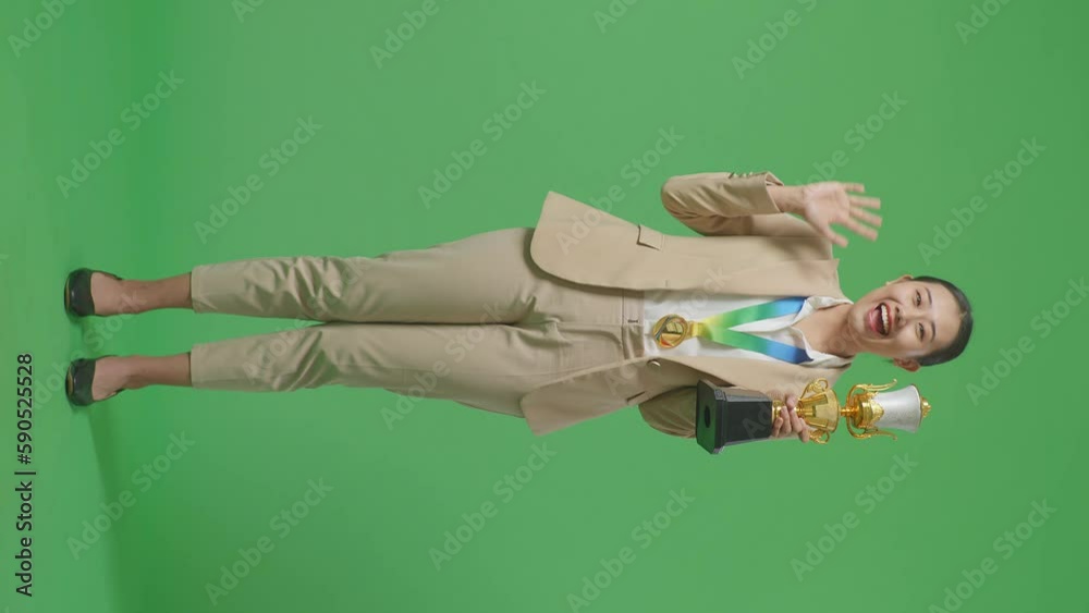 Full Body Of Asian Business Woman In A Suit With A Gold Medal And ...