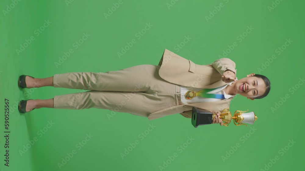 Full Body Of Asian Business Woman In A Suit With A Gold Medal And ...