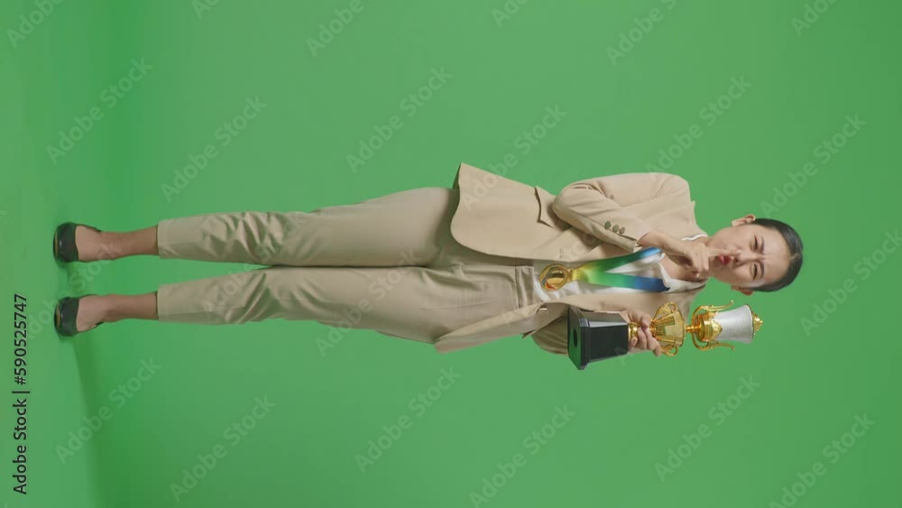 Full Body Of Asian Business Woman In A Suit With A Gold Medal And ...