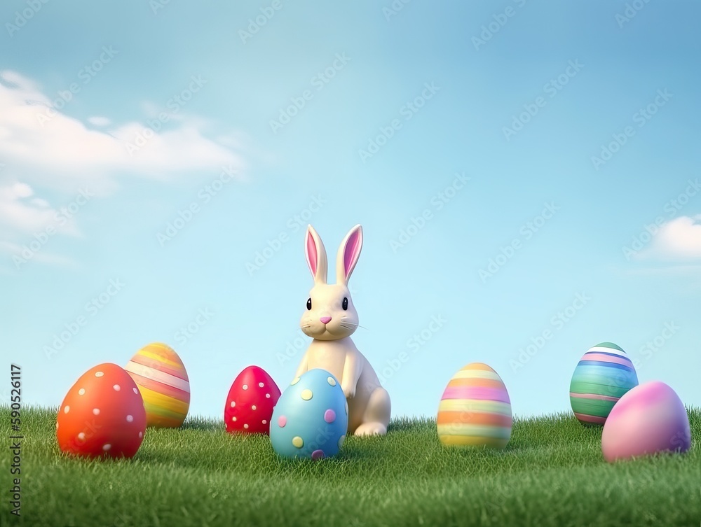 Little Bunny In Basket With Decorated Easter Eggs. Easter concept. Generative AI